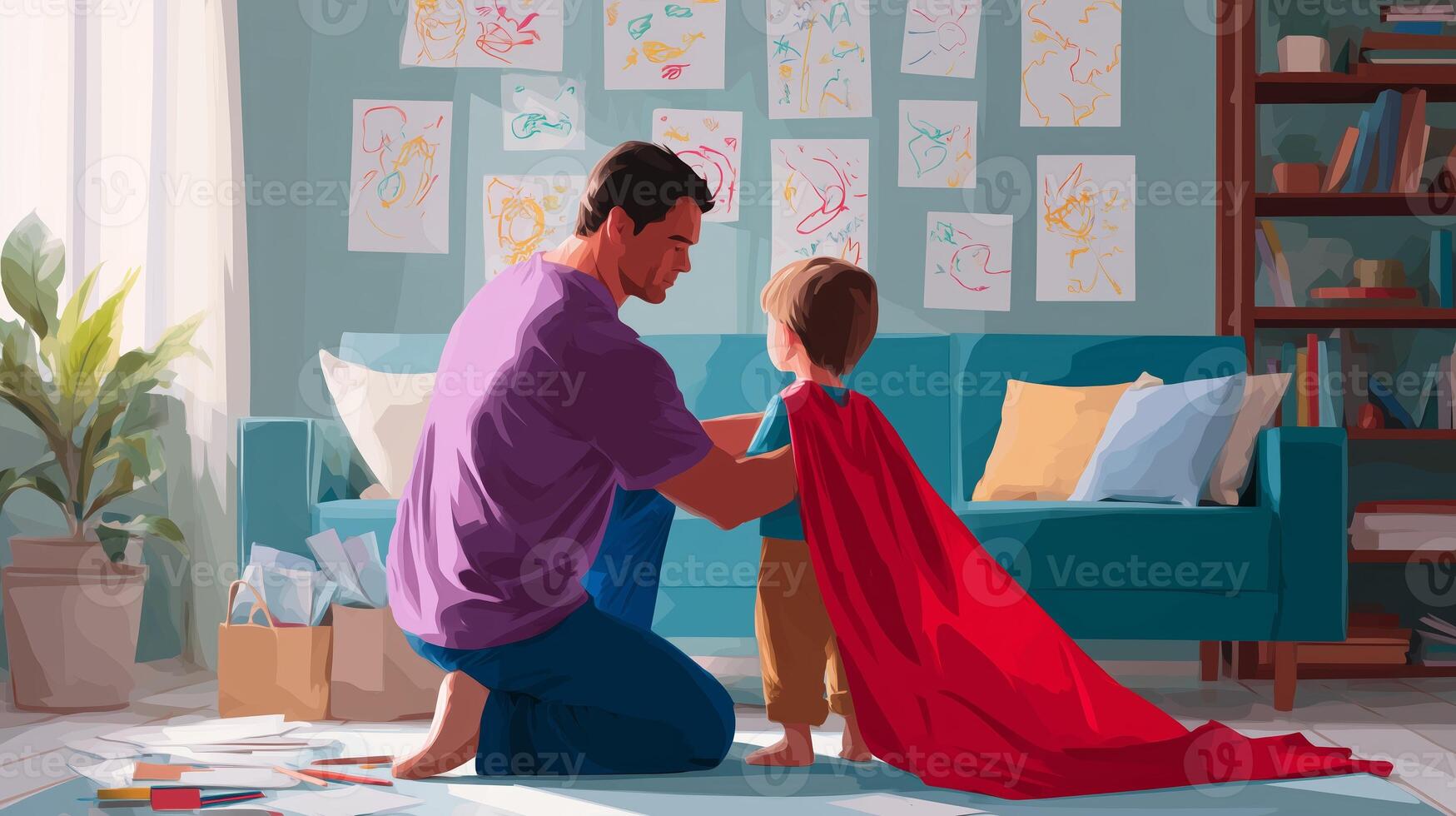 Father helps son wear a cape in a cozy living room filled with children's art during afternoon playtime photo