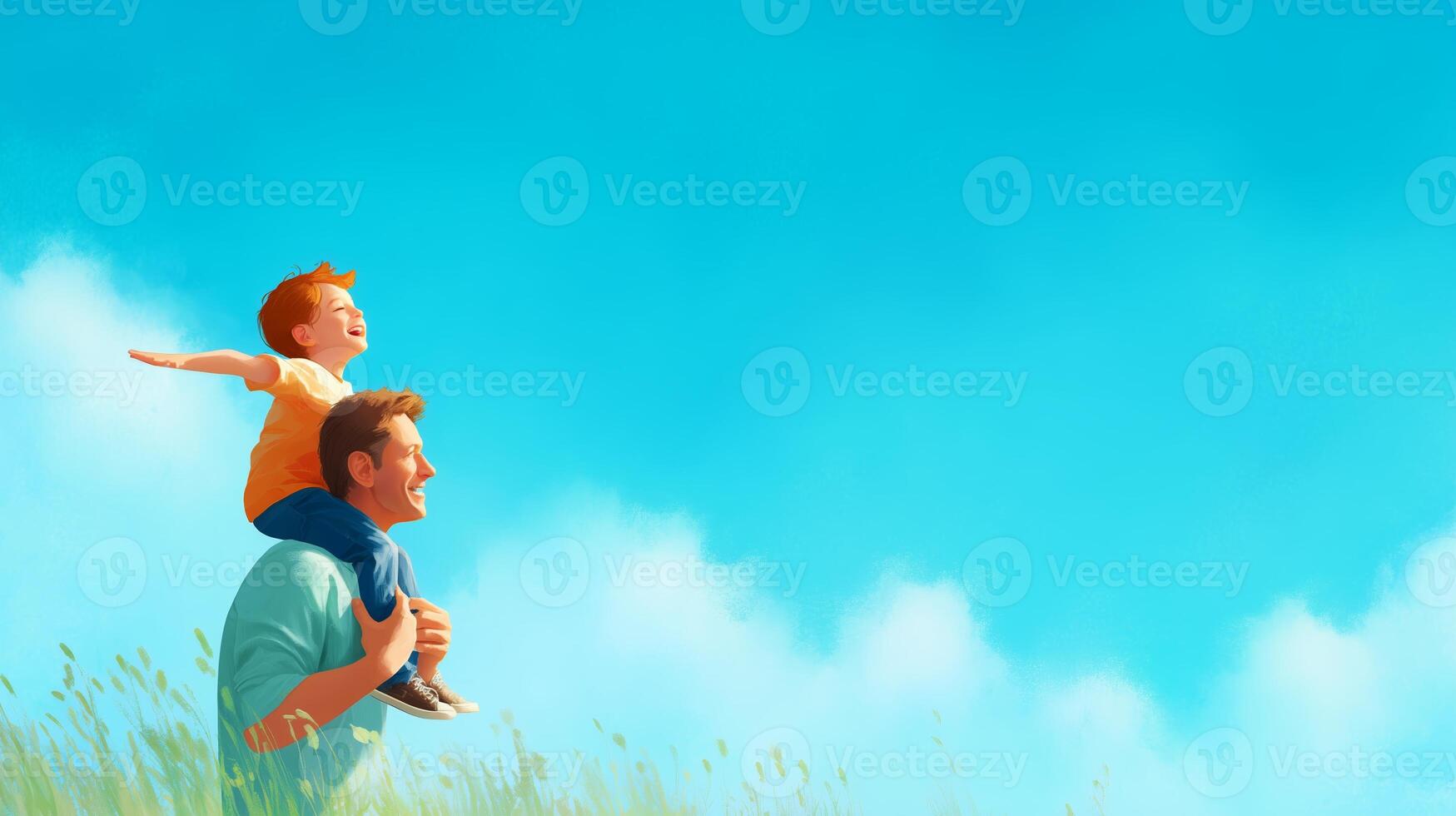 Father carries son on shoulders under bright blue sky during a joyful day of outdoor activities photo