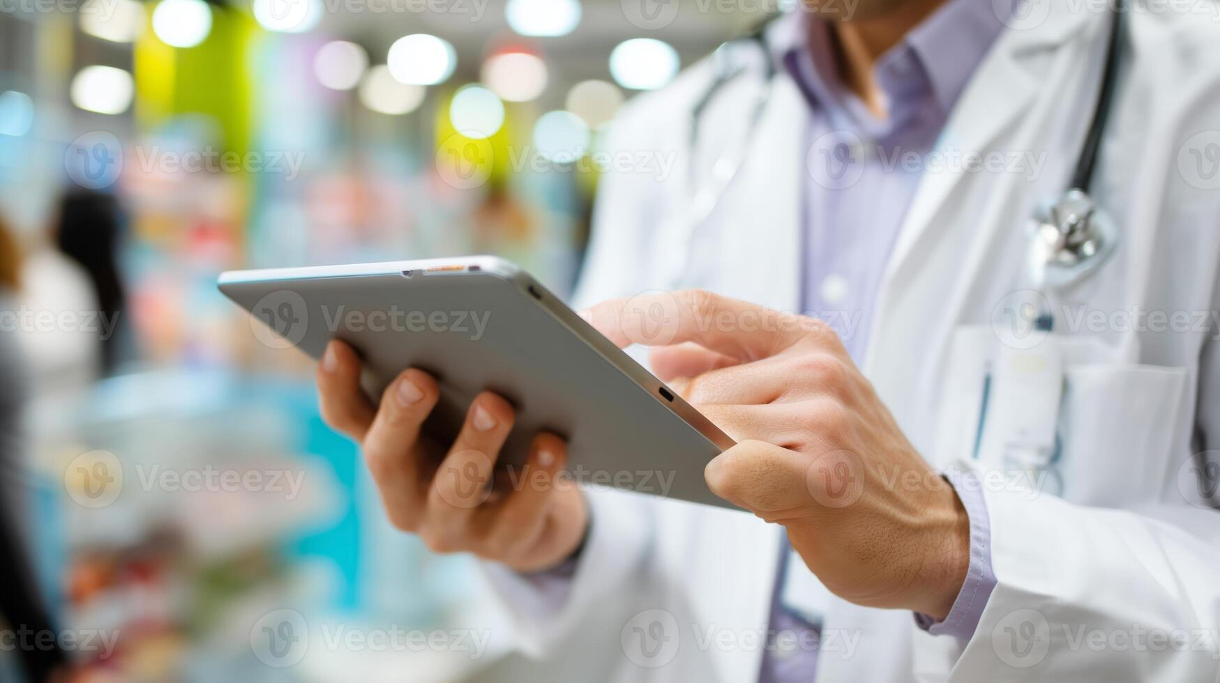 Doctor uses tablet to access patient information in a modern healthcare facility during a busy day photo