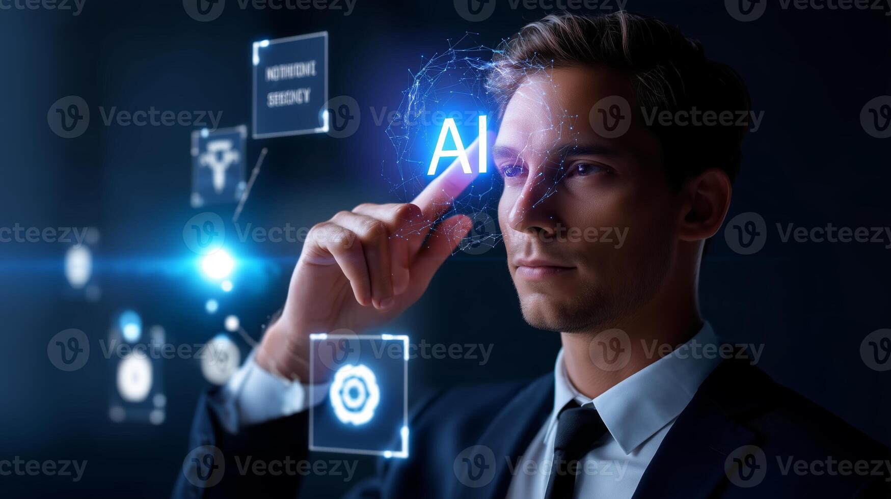 Man in business suit interacts with holographic AI interface in dark setting showcasing technology and innovation photo