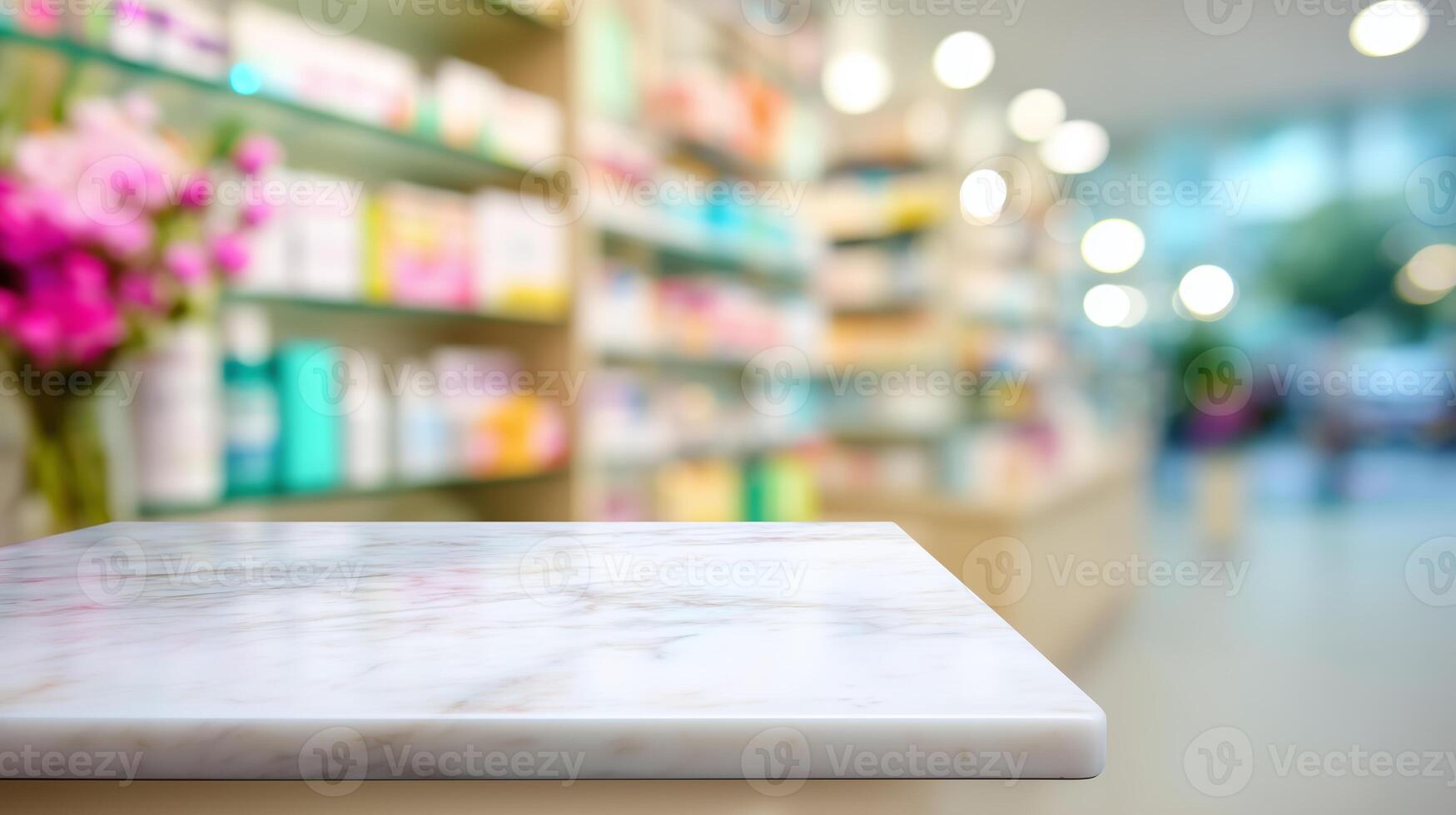 Bright pharmacy interior with a marble countertop showcasing a variety of health products and floral decoration photo