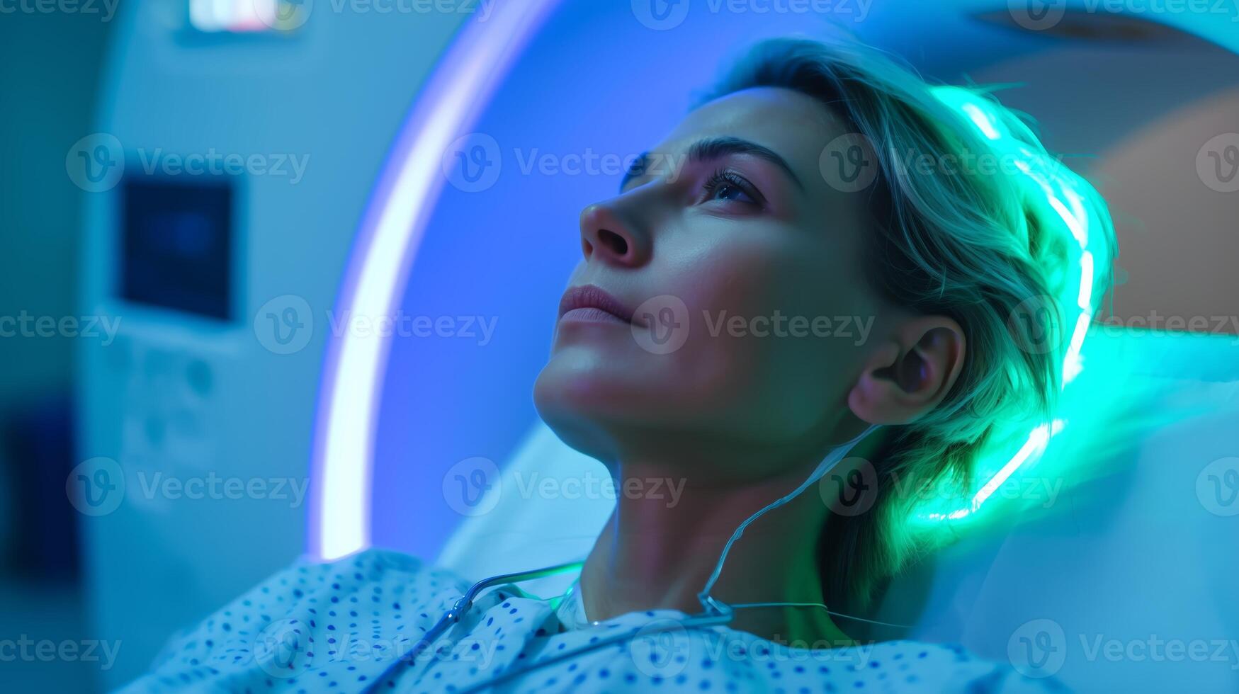 Patient undergoing MRI scan with bright lighting in a medical facility during the evening photo
