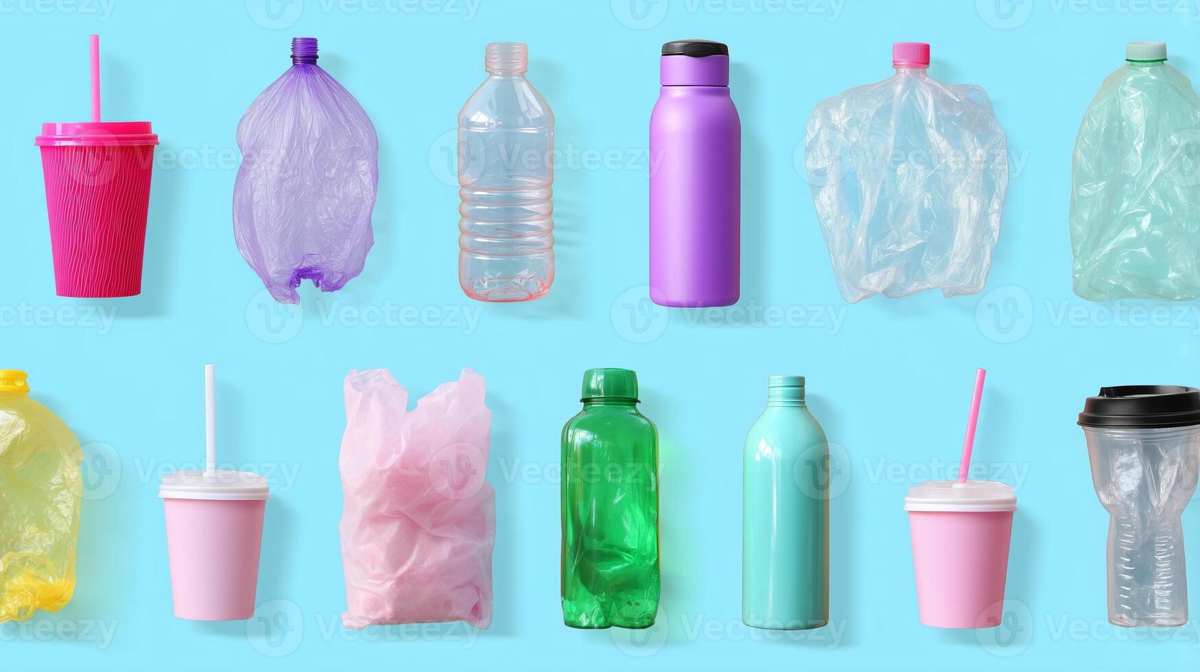 Various types of plastic containers and bottles arranged on a blue background showcasing common waste items photo