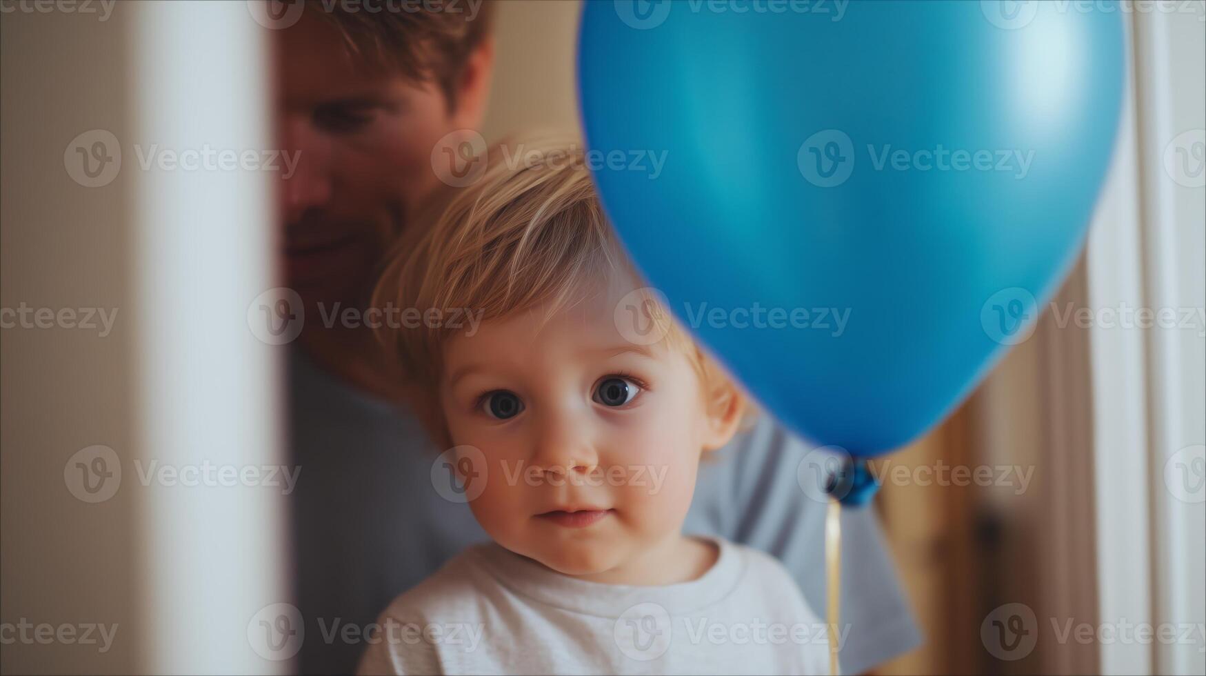 Child holds blue balloon while parent watches in cozy indoor setting during afternoon photo