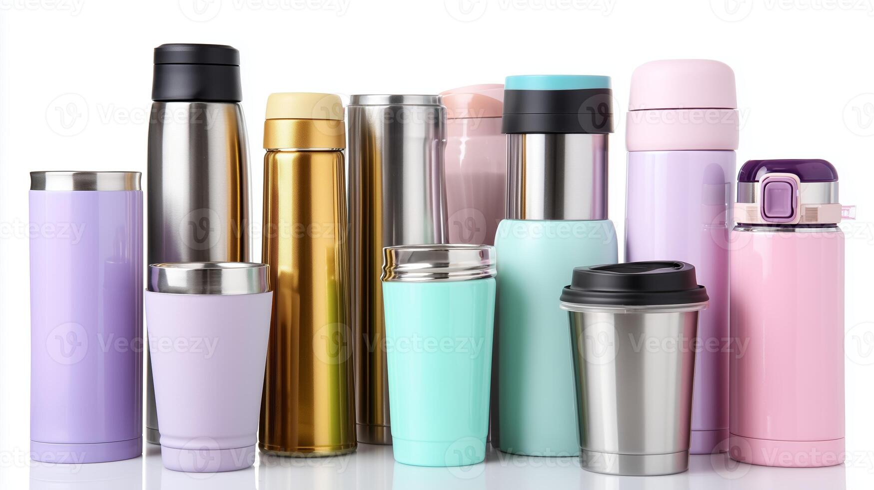 Collection of colorful and stylish reusable drink containers displayed on a white surface during the daylight hours photo