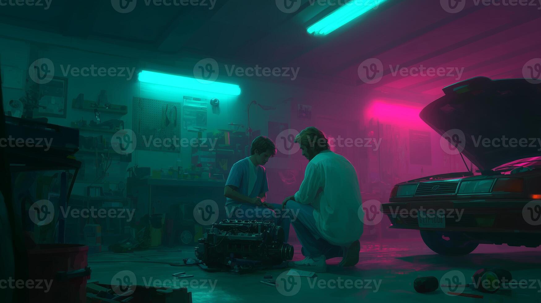 Mechanics work together on car engine in garage at night with colorful neon lights enhancing the atmosphere photo