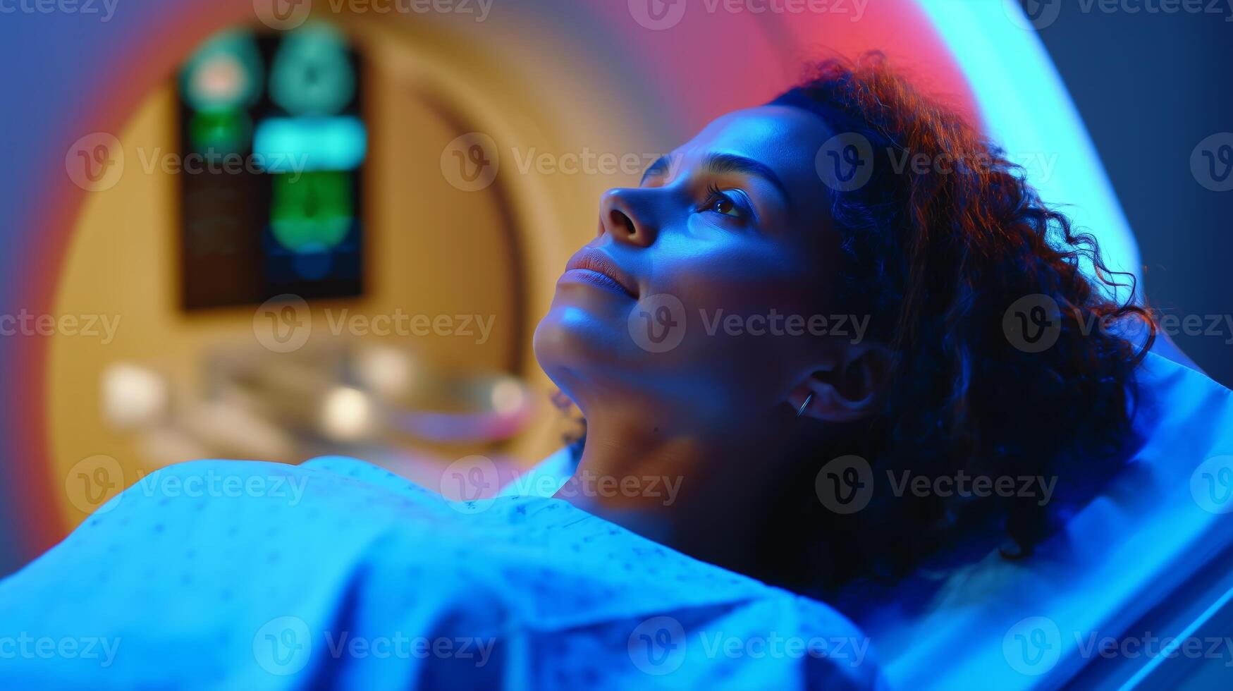 Patient undergoing MRI scan in a modern medical facility with focused expression and soft lighting photo