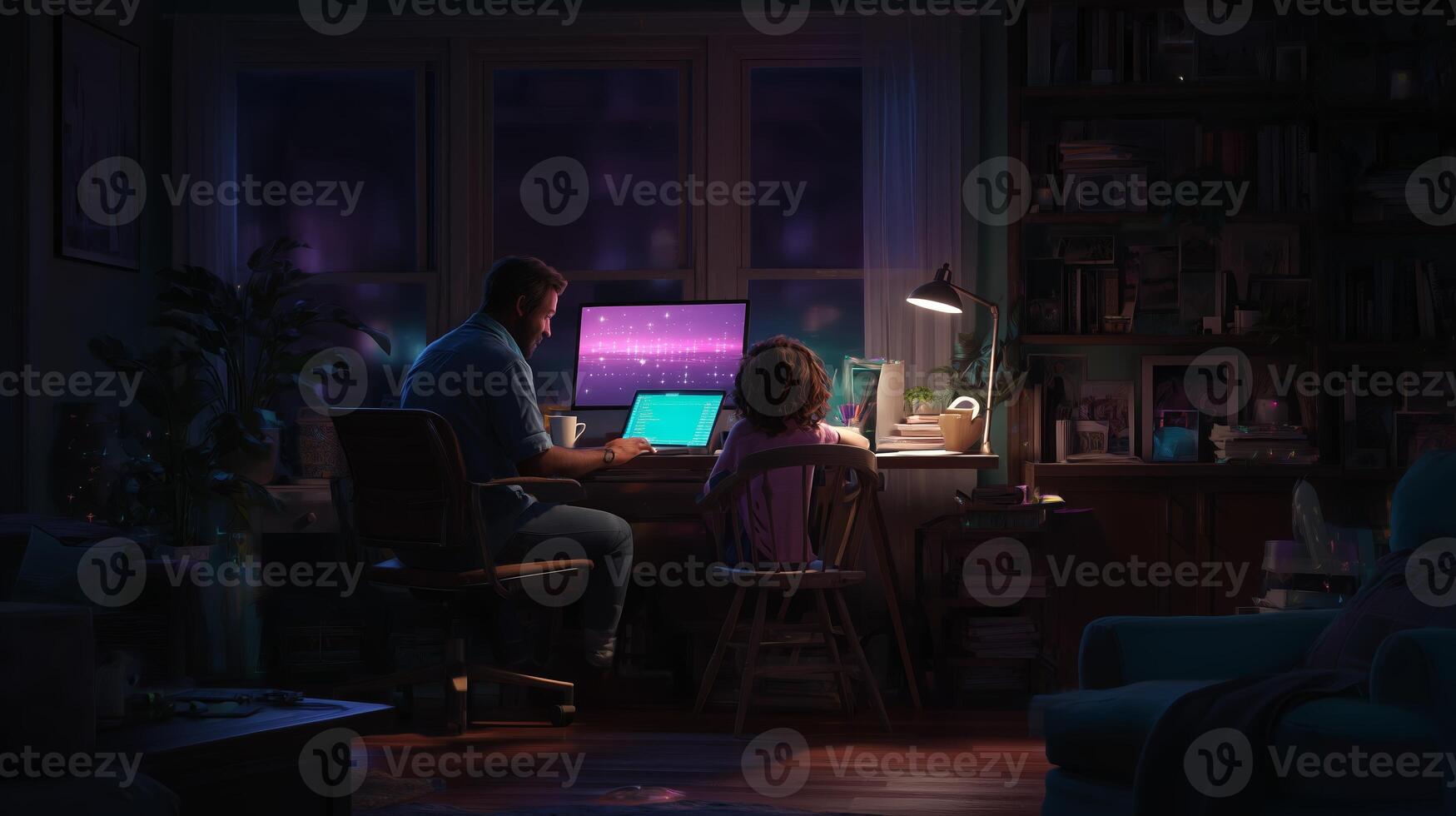 Father and daughter enjoying a quiet night together while working on laptops in a cozy home office photo