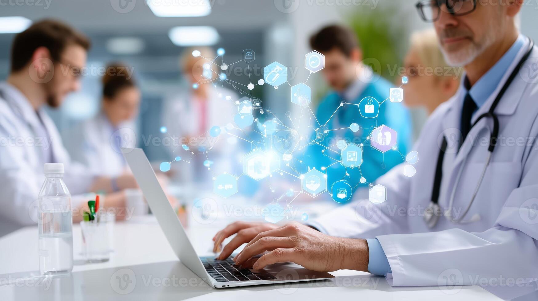 Healthcare professionals collaborating on digital health innovations in a modern medical office setting photo