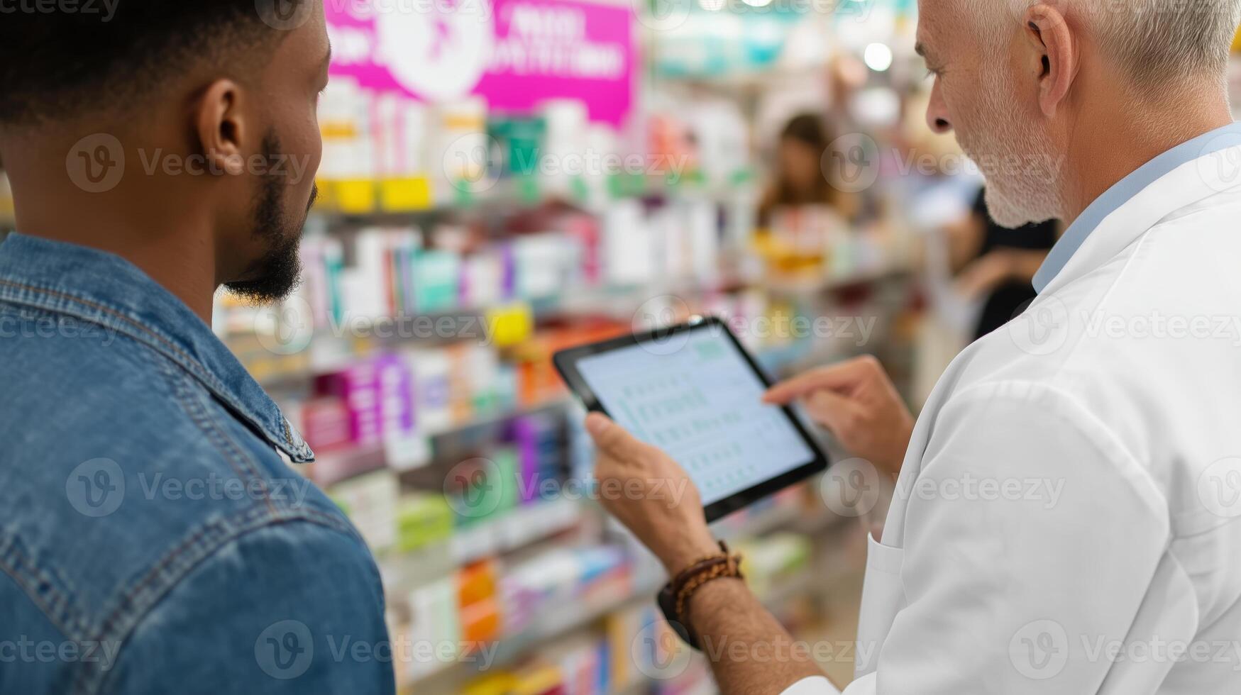 Pharmacist consulting with customer in pharmacy while checking information on tablet during daytime photo