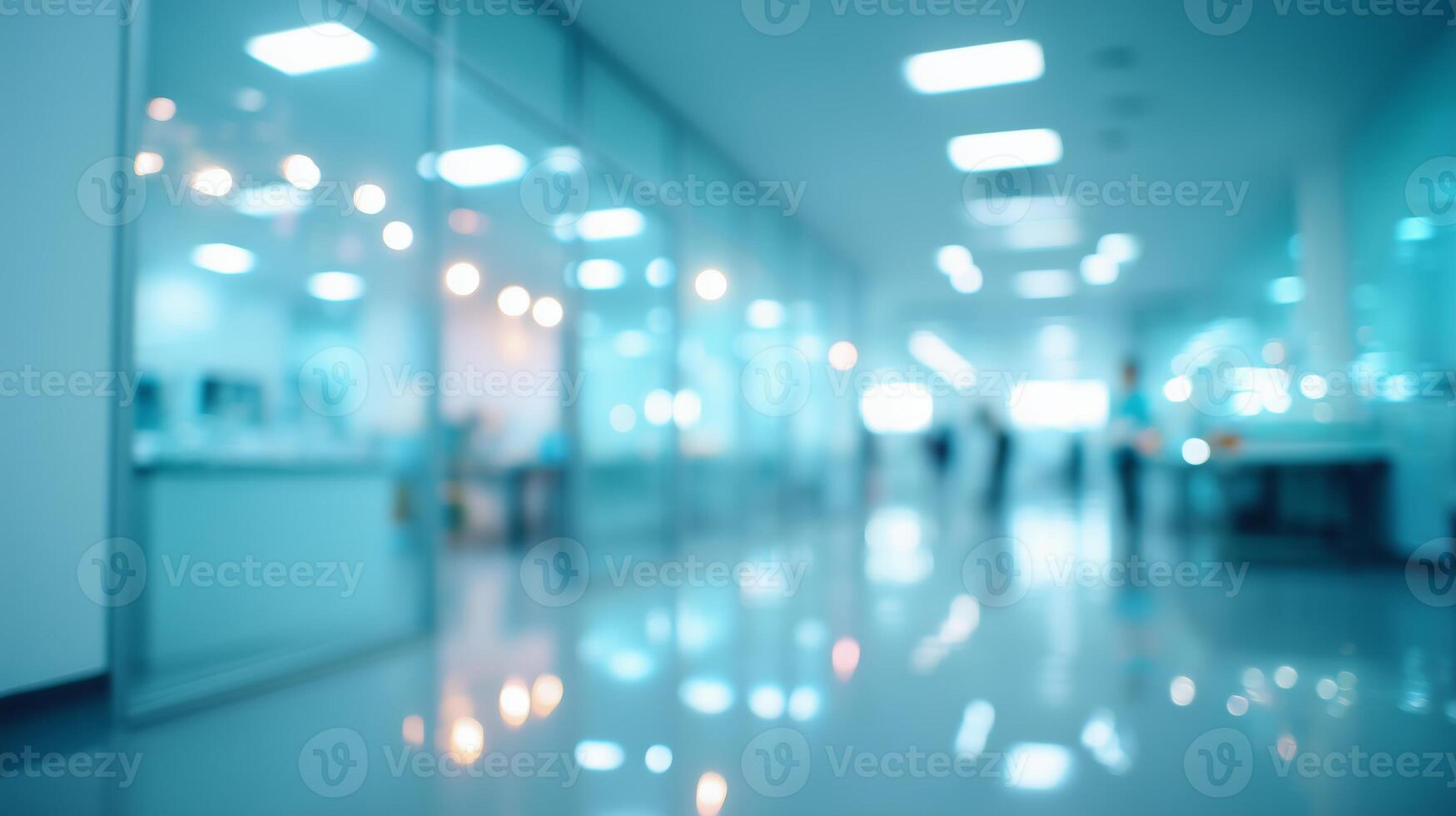 Modern office hallway is illuminated with bright lights and bustling with quiet activity during working hours photo