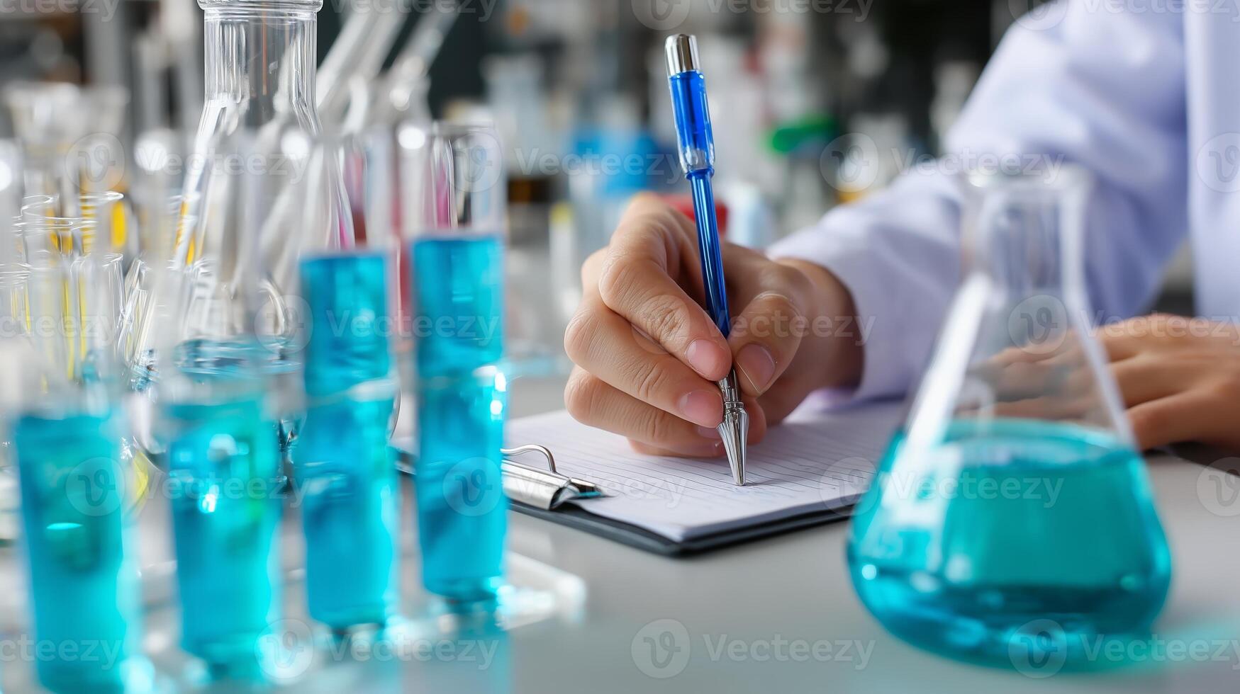 Researcher conducting experiments in a laboratory with blue solutions at a workspace on a bright day photo