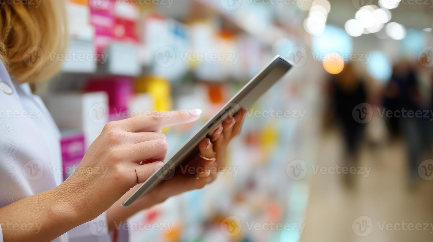 Woman interacts with digital tablet in a modern store while browsing various products on display photo