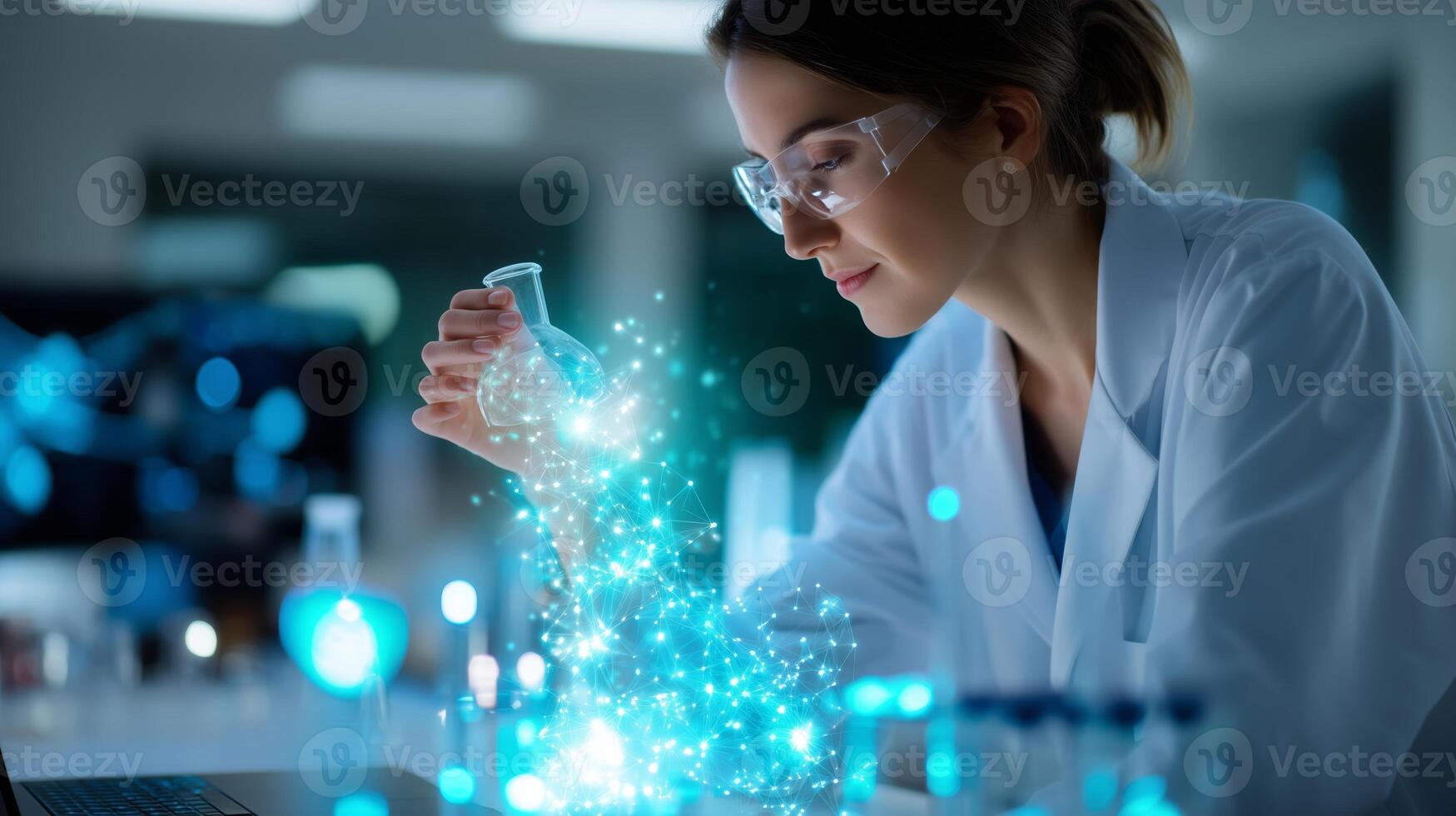 Scientist conducts an experiment in a modern laboratory using colorful liquids at night photo