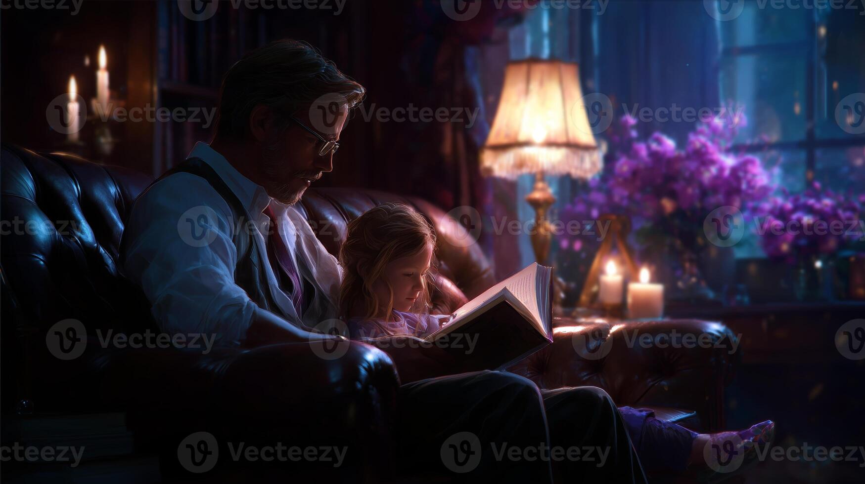 Cozy reading moment between a father and daughter in a warmly lit library photo