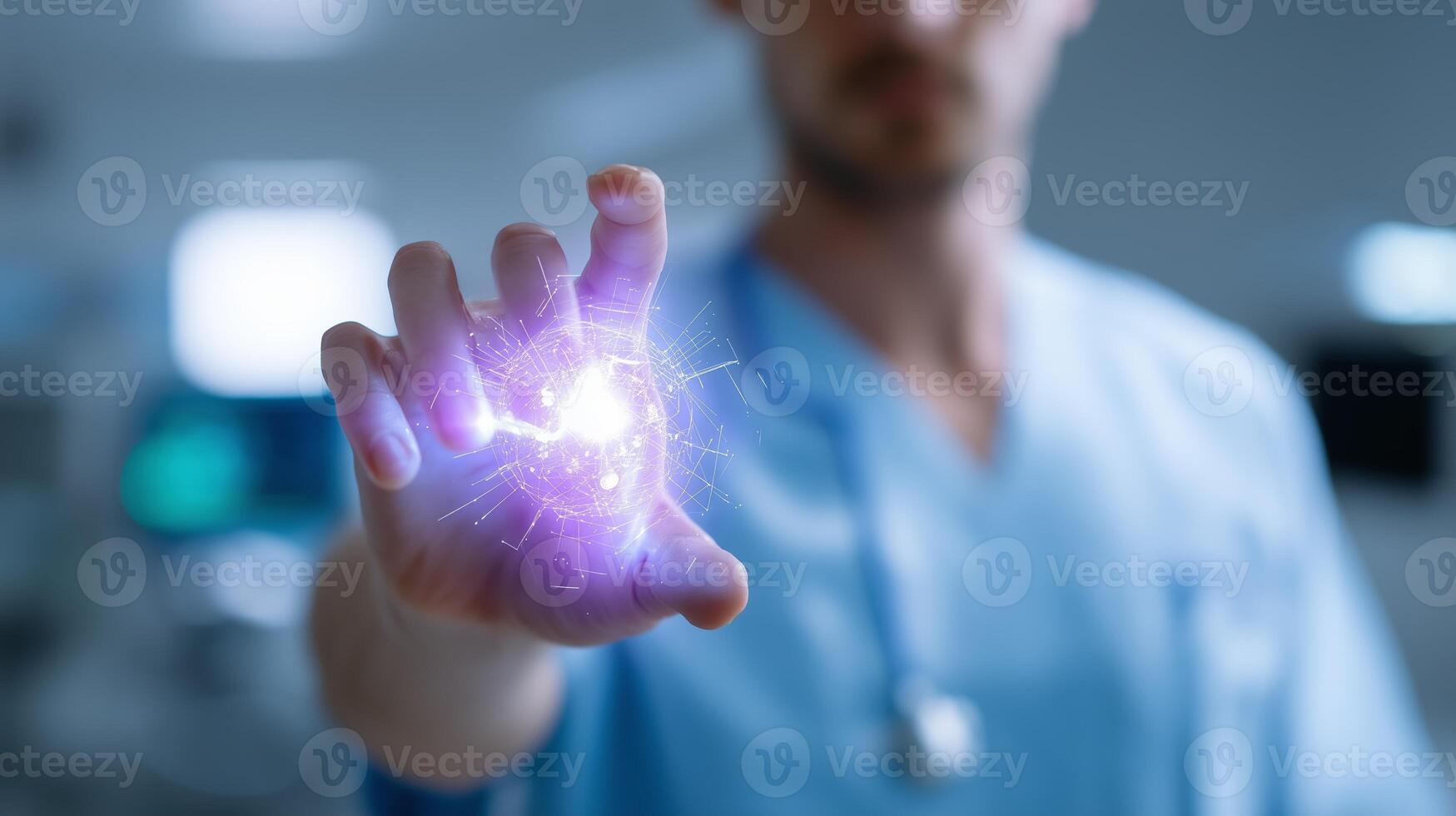 Medical professional demonstrating advanced technology in a clinical setting with glowing energy in hand photo