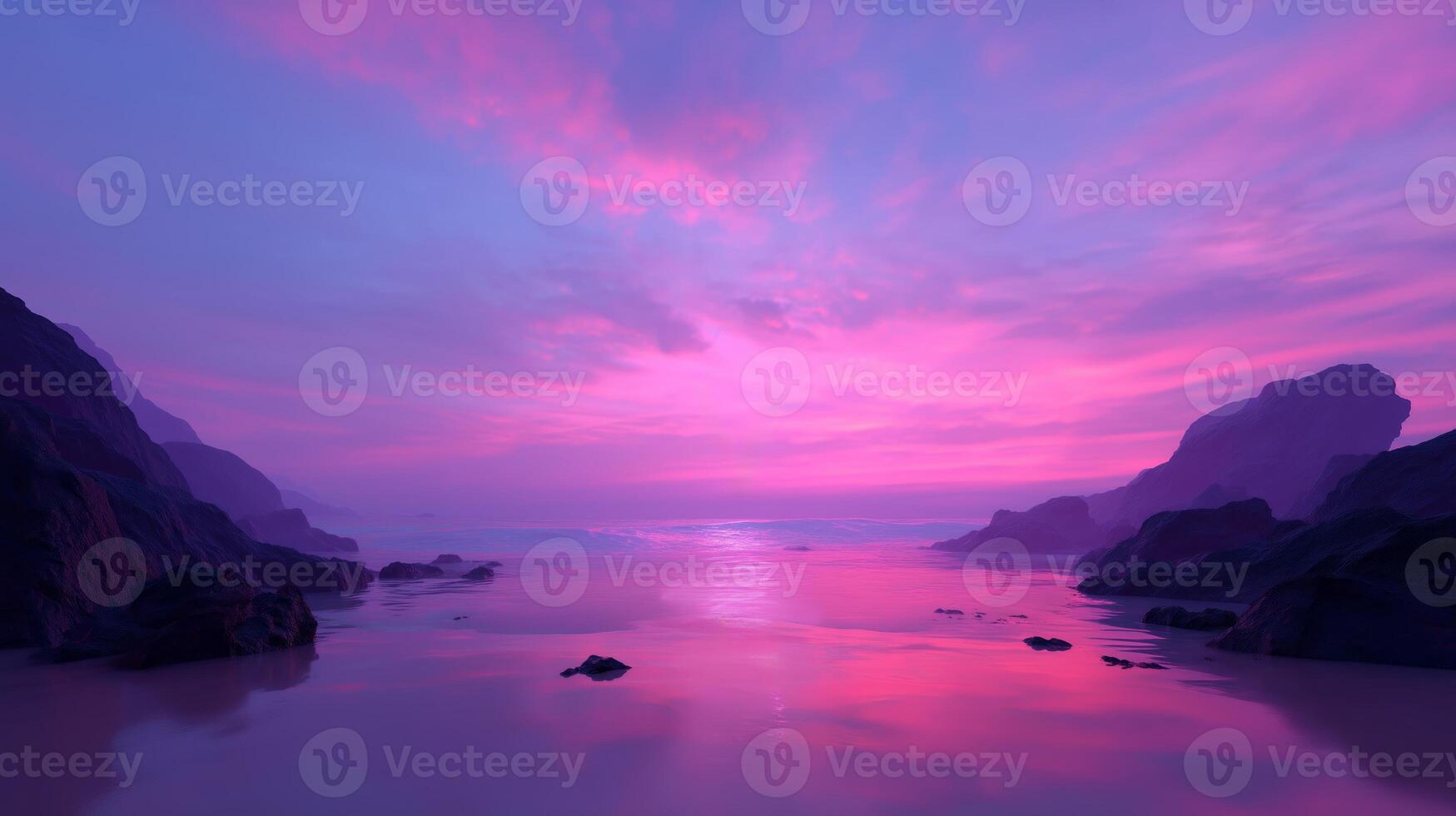 Vibrant sunset over tranquil ocean with purple and pink hues reflecting on calm waters at a coastal location photo