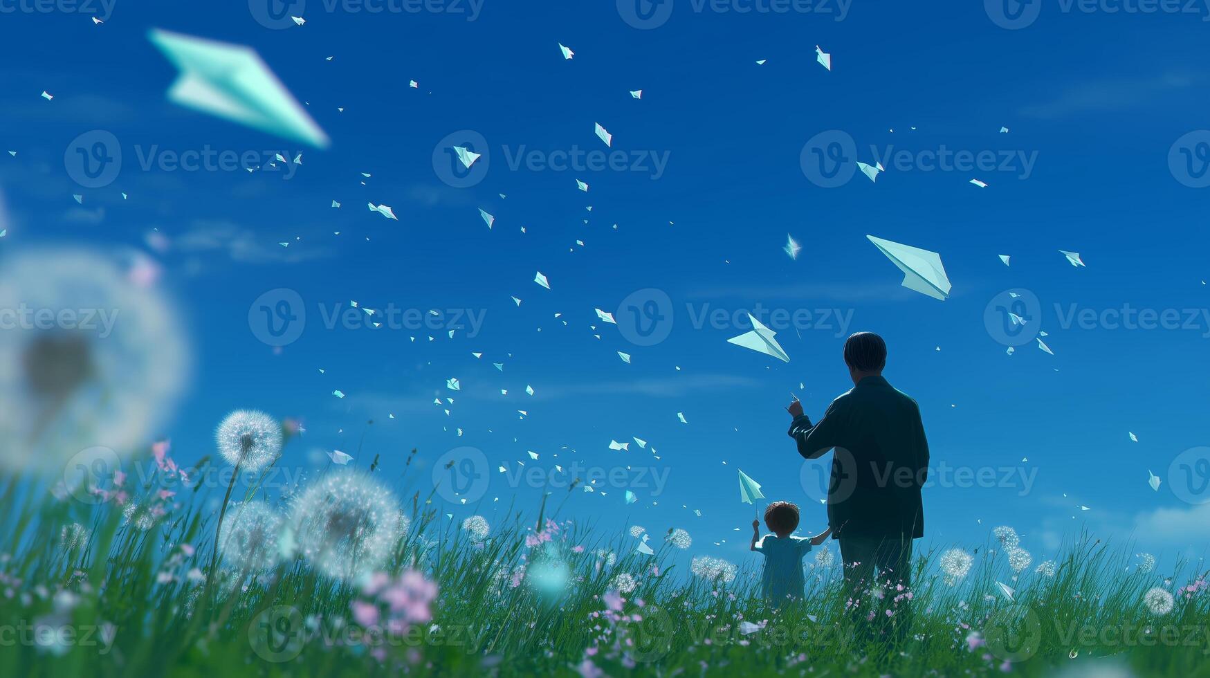 Father and child release paper airplanes in a field under a bright blue sky on a sunny day photo