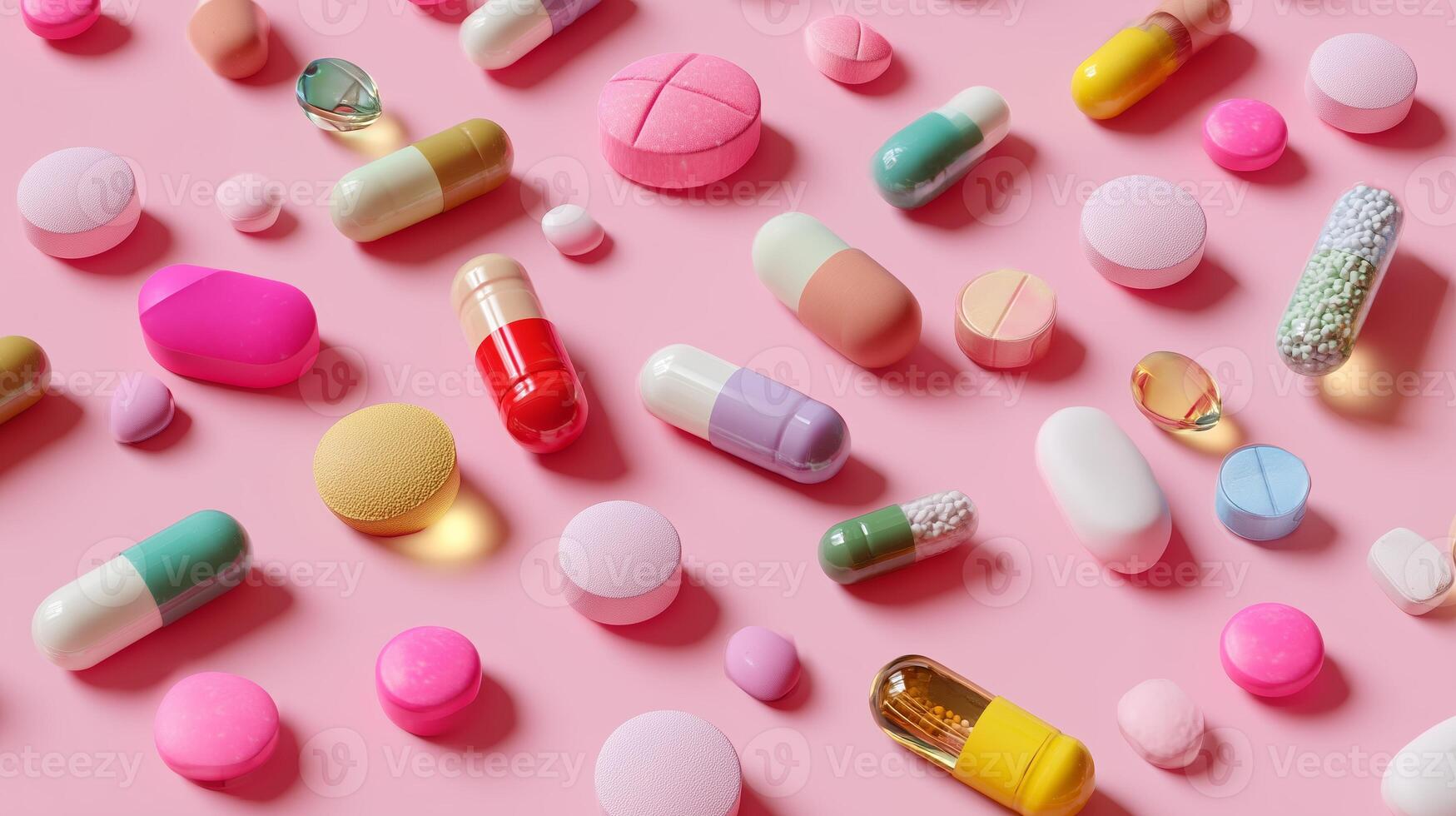 Variety of colorful pills and capsules arranged on a pink background for medical and health-related purposes photo