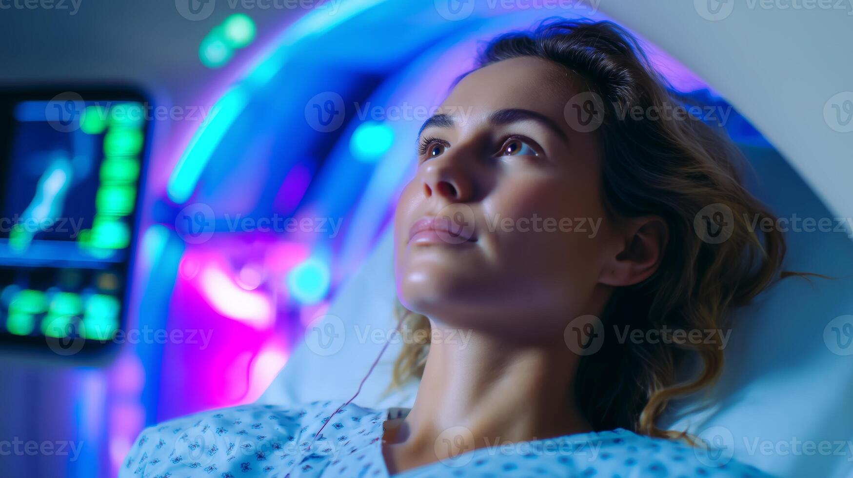 Woman undergoing medical imaging procedure in a high-tech healthcare facility at night photo