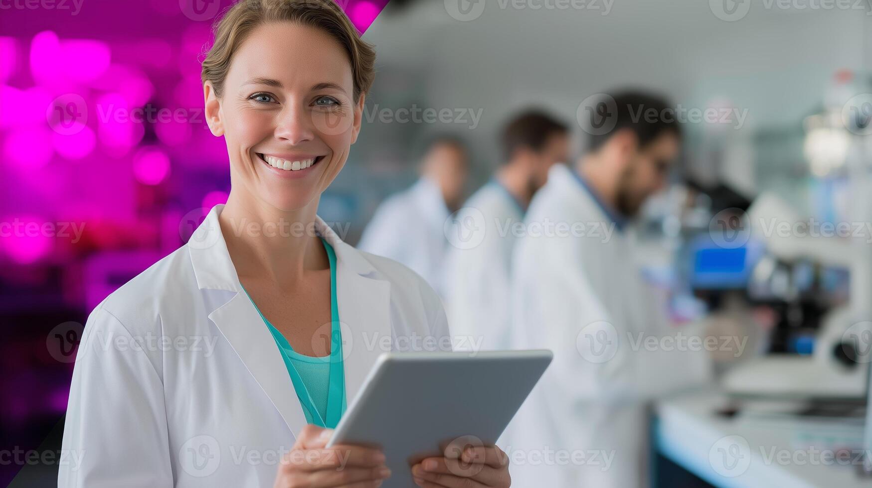 Smiling scientist holds tablet in modern laboratory during research experiment with colleagues photo