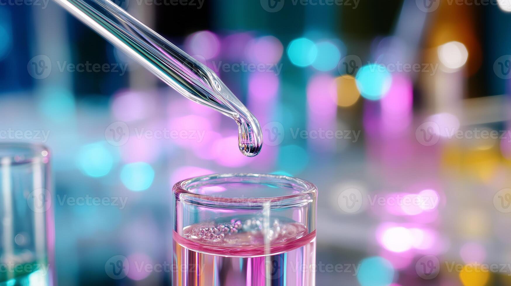 Colorful liquid science experiment with pipette dripping into test tube in laboratory setting photo