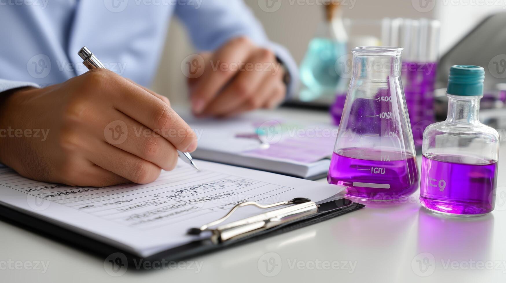 Scientist conducts experiment with purple chemicals and records data in laboratory setting during the daytime photo