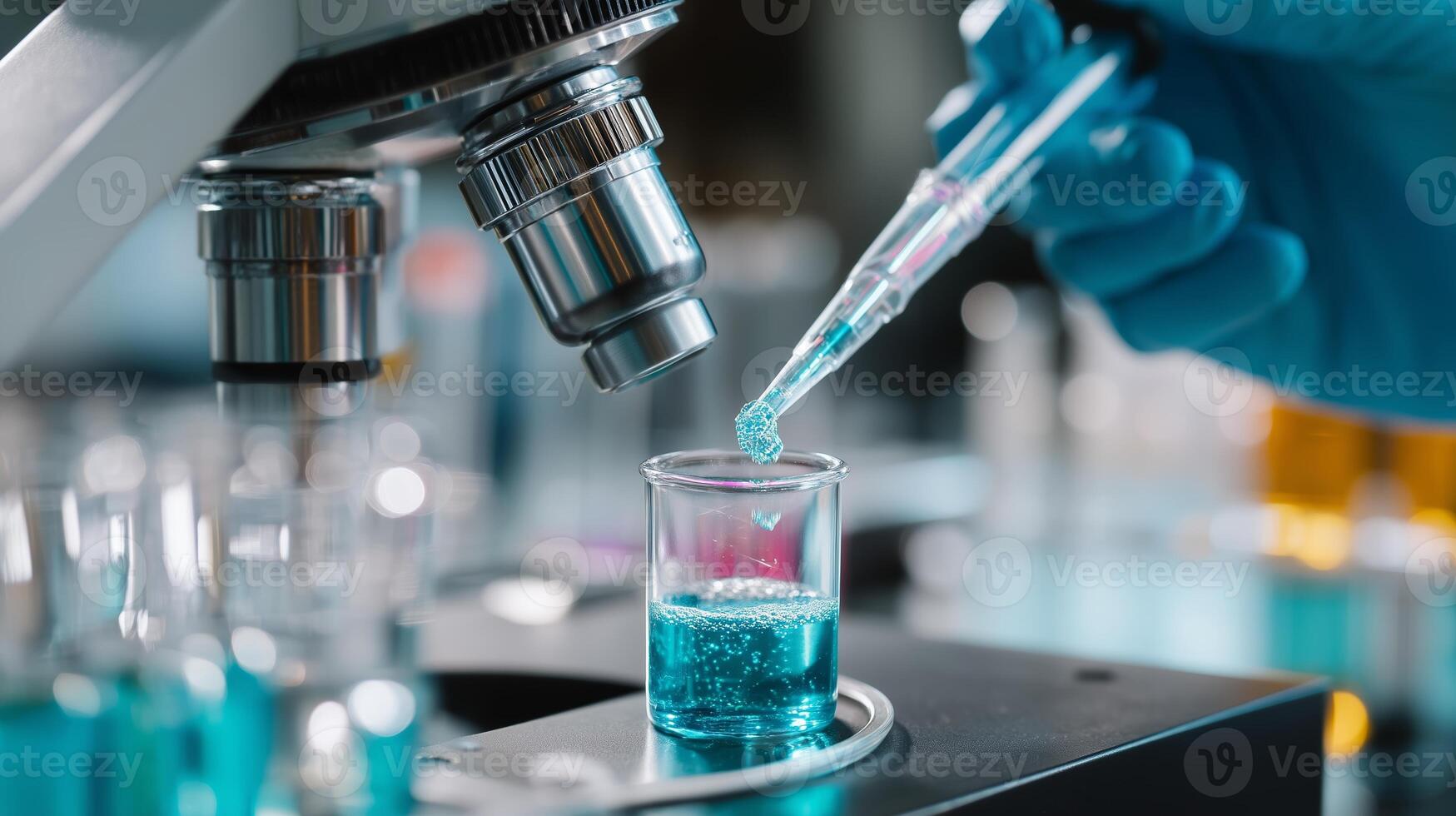 Laboratory technician conducts experiment with pipette and microscope in modern research facility photo