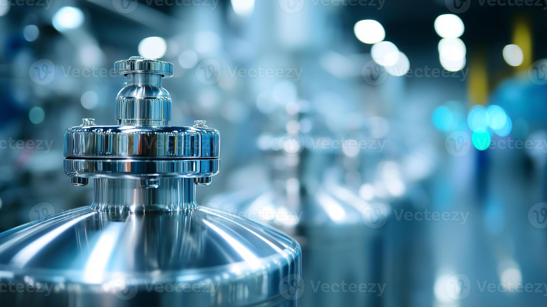 Metal cylinders with valves are arranged in a modern industrial setting with blurred background machinery photo