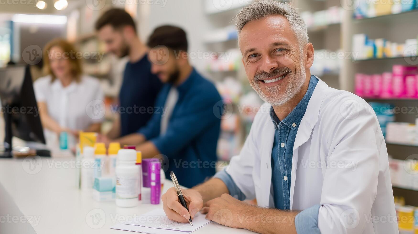 Pharmacist assisting customers in a well-stocked pharmacy while completing paperwork in a bustling environment photo