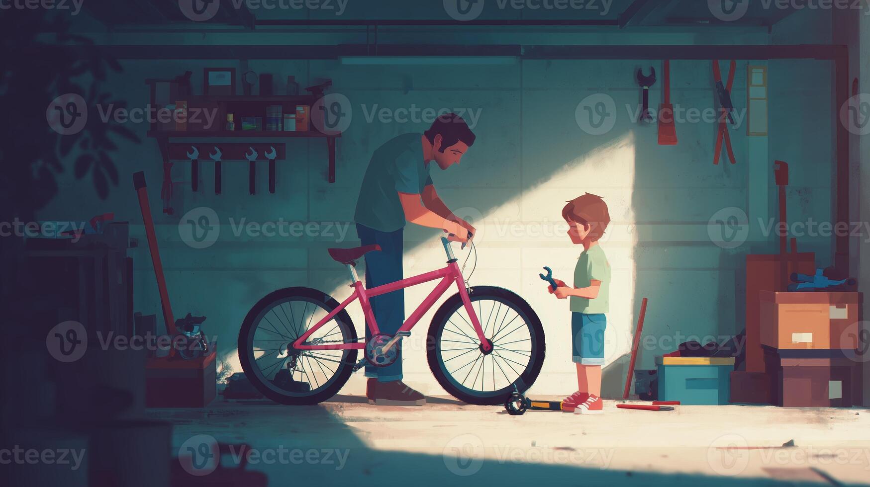Father and son bonding moment in a garage while fixing a pink bicycle during a sunny afternoon photo