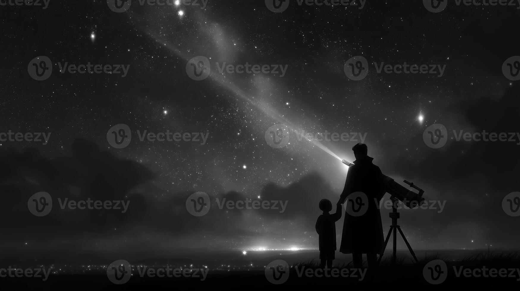 Star gazing at night with a telescope while a parent and child admire the universe from a quiet hilltop location photo