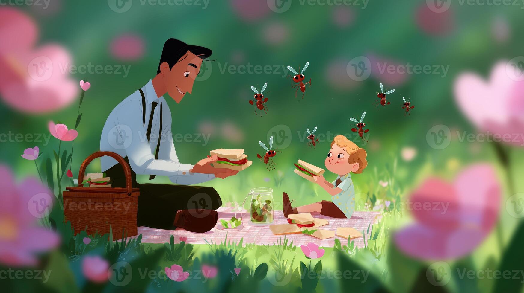 Family picnic in a meadow under blooming flowers with father and child enjoying sandwiches and nature photo