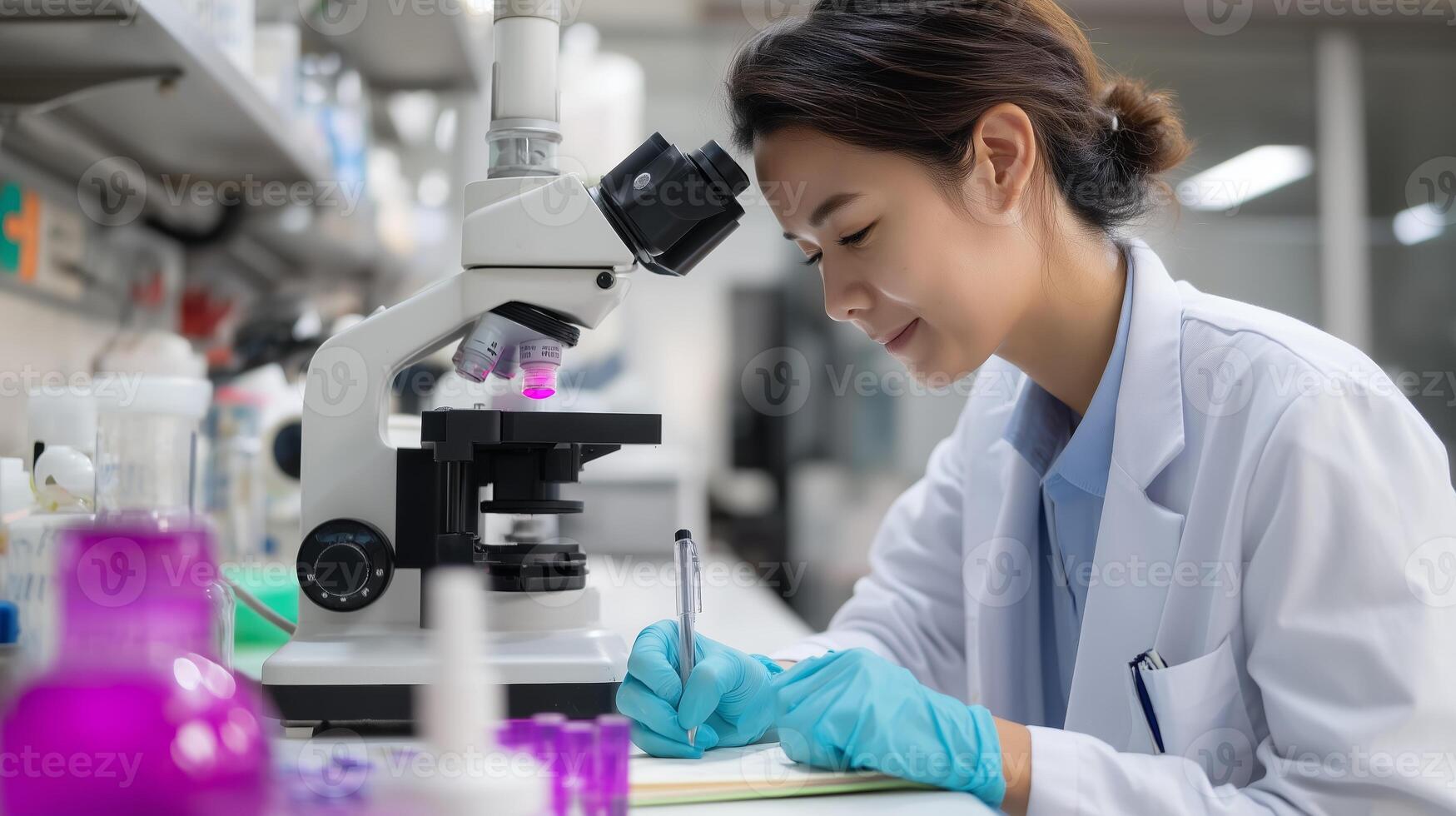 Research scientist examines samples under microscope in laboratory setting during work hours photo