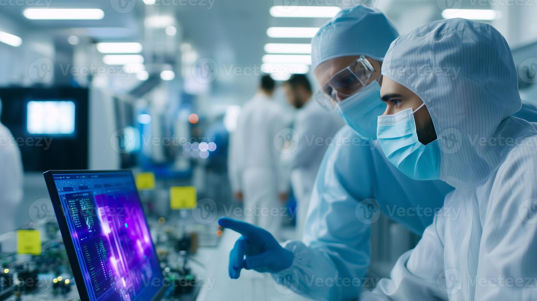 Scientists collaborating in a laboratory, analyzing data on a computer screen during research and development photo