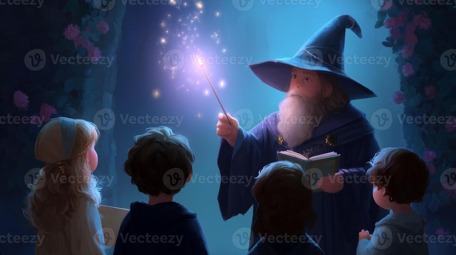 Wizard teaches magical spells to eager children in an enchanted forest at twilight photo