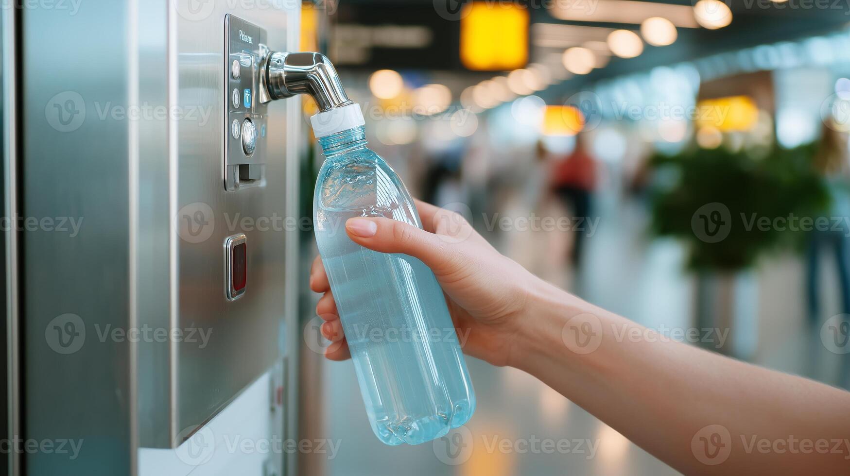 Person filling a water bottle at a refill station in an airport terminal during a busy day photo