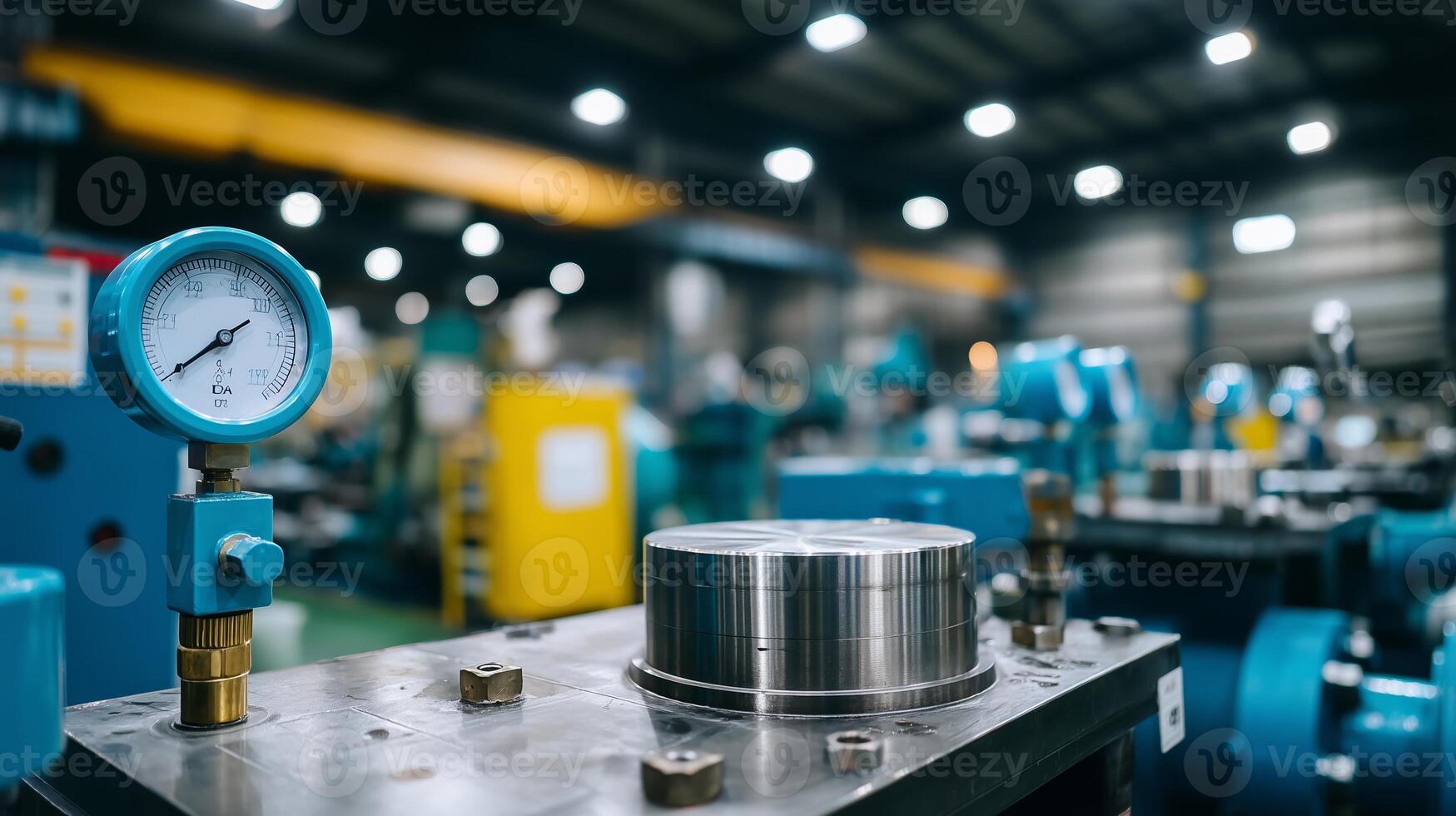 Industrial machinery with pressure gauge shows precision engineering in a manufacturing facility during daytime work hours photo