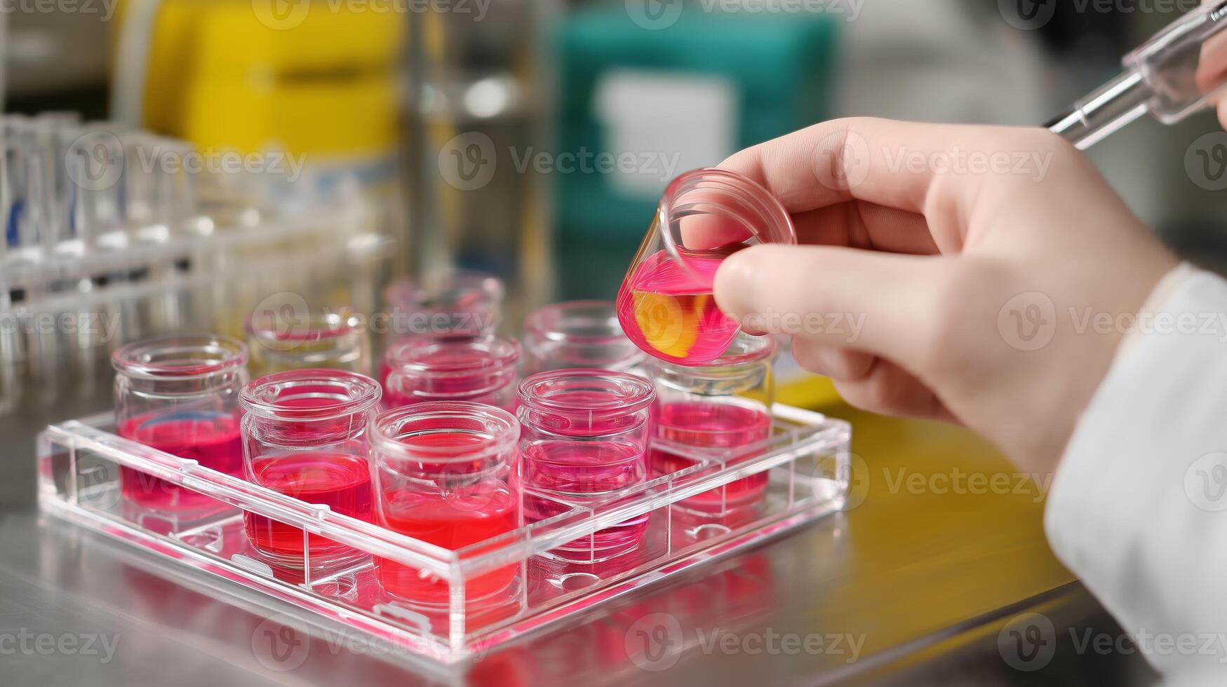 Scientist conducts experiment with colorful liquids in laboratory setting using pipette and test tubes photo