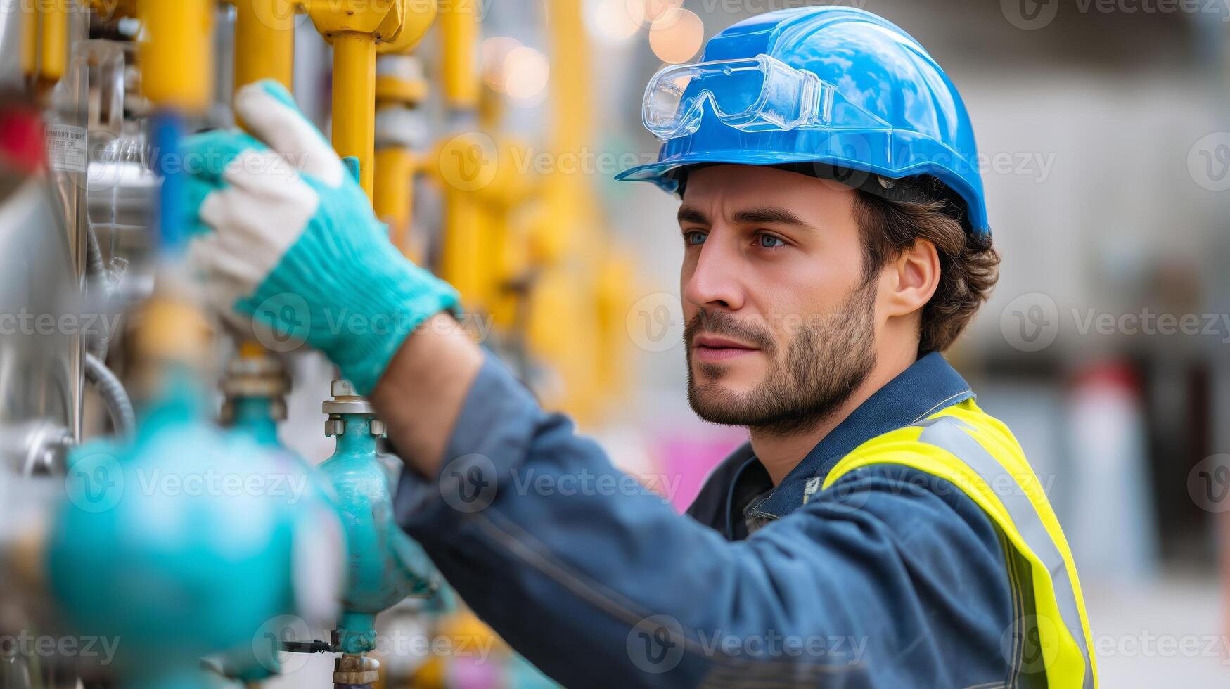 Worker in safety gear adjusts machinery at industrial site during daytime photo