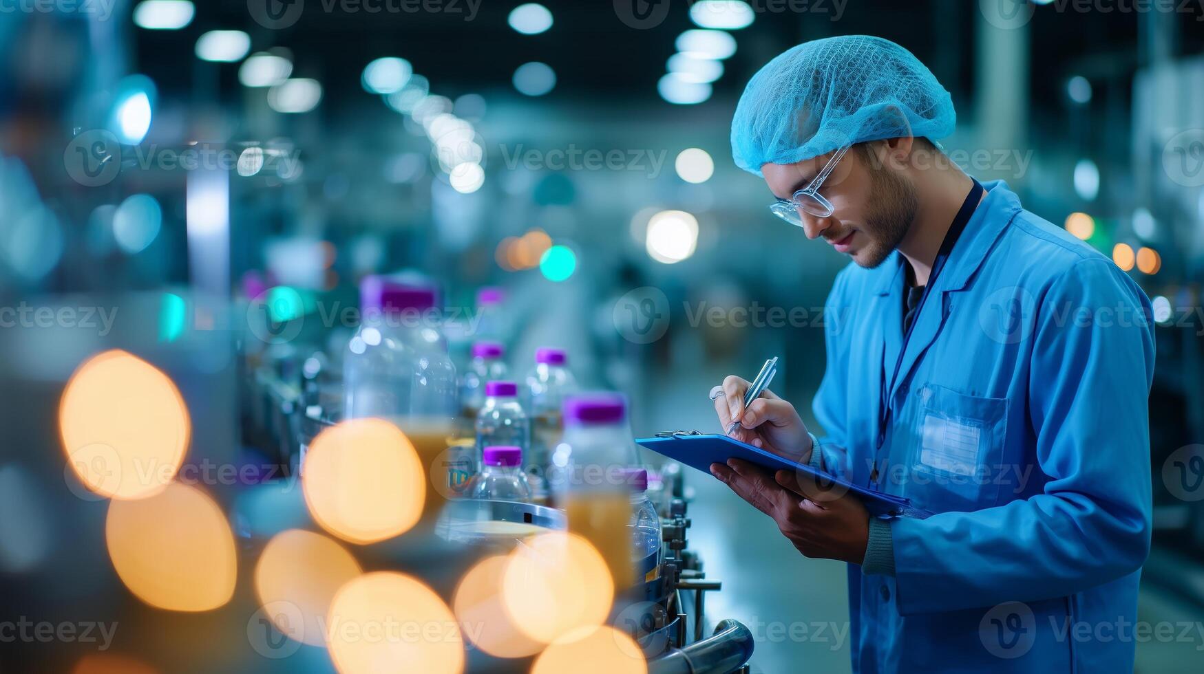 Worker in blue coat checks production quality in clean facility with bottles during daytime operation photo