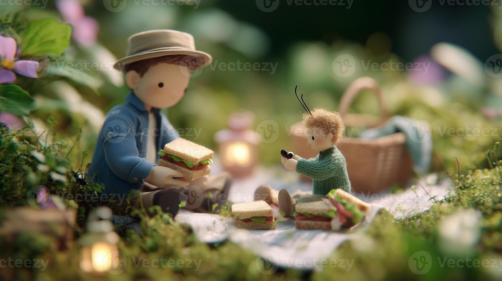 Father and child enjoy a picnic with sandwiches in a vibrant garden during a sunny afternoon photo