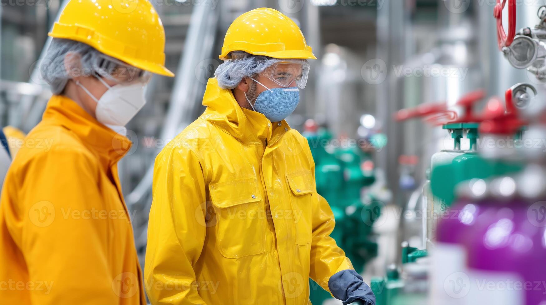Workers in industrial protective gear conduct inspections in a manufacturing facility during daylight hours photo