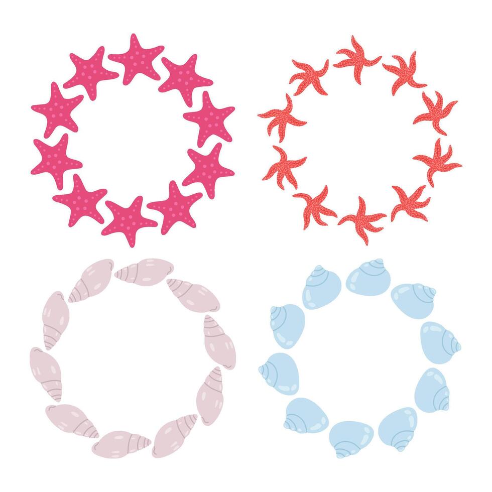 Set summer frames of starfish and seashells. Space for text. For kids projects, greeting cards and ocean-themed designs. vector