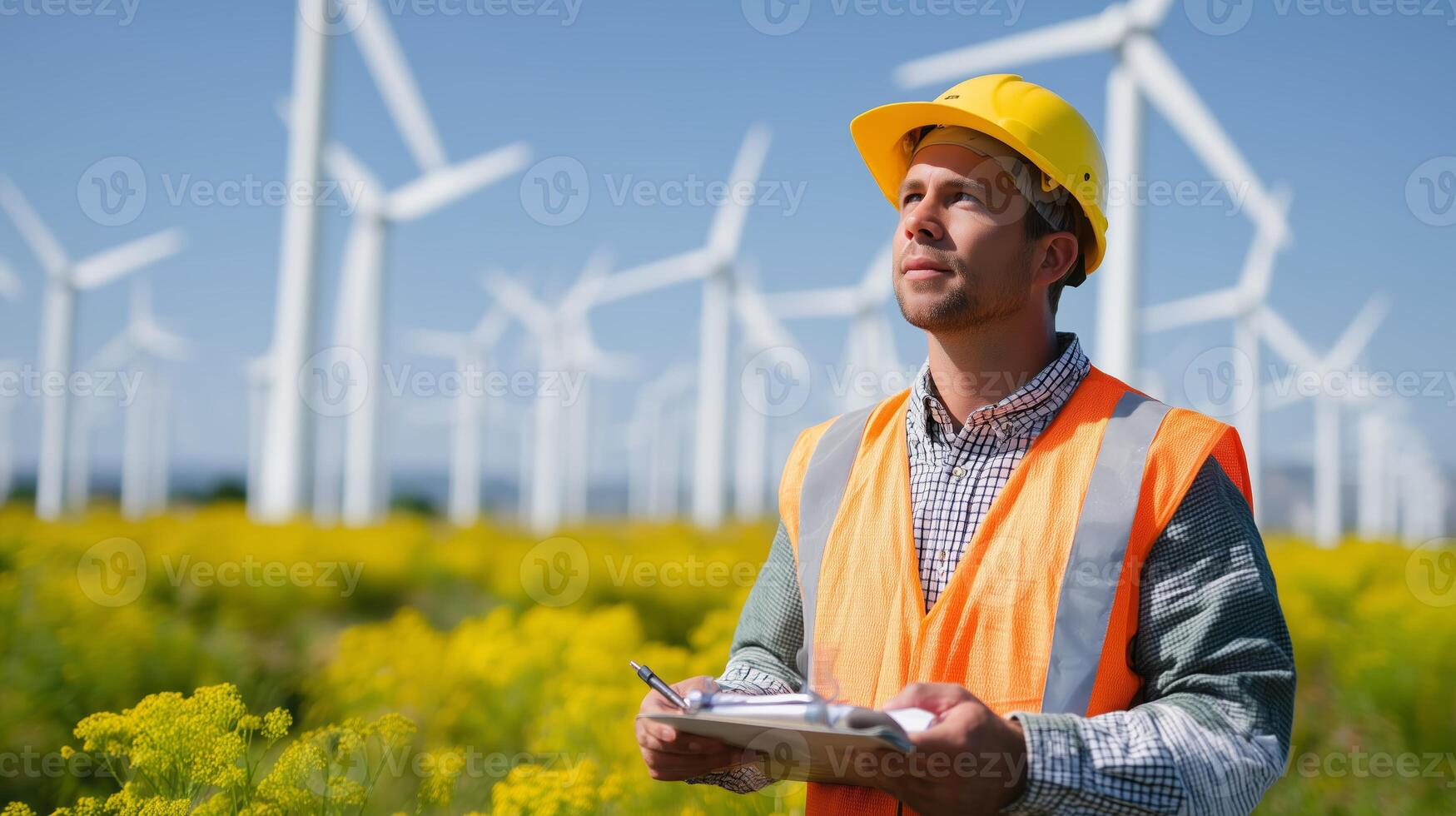 Worker observes wind turbines in a field of flowers while taking notes on a sunny day photo