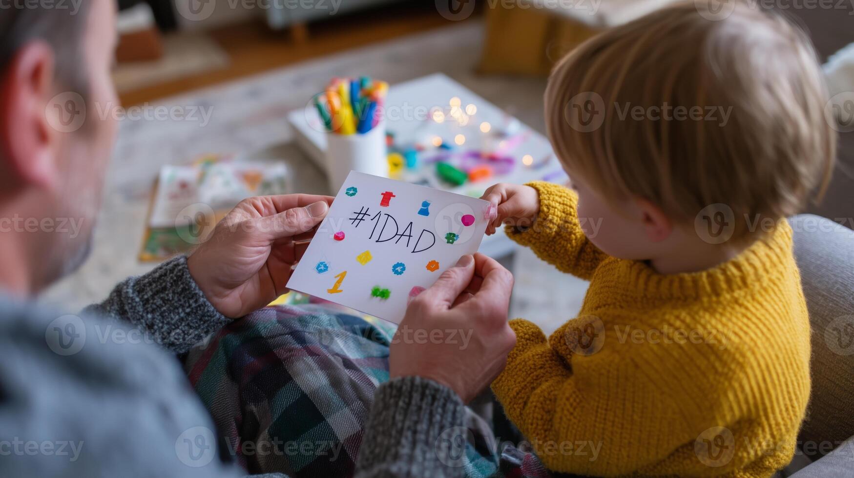 Child creating a heartfelt card for dad while sitting with parent during a cozy home moment photo