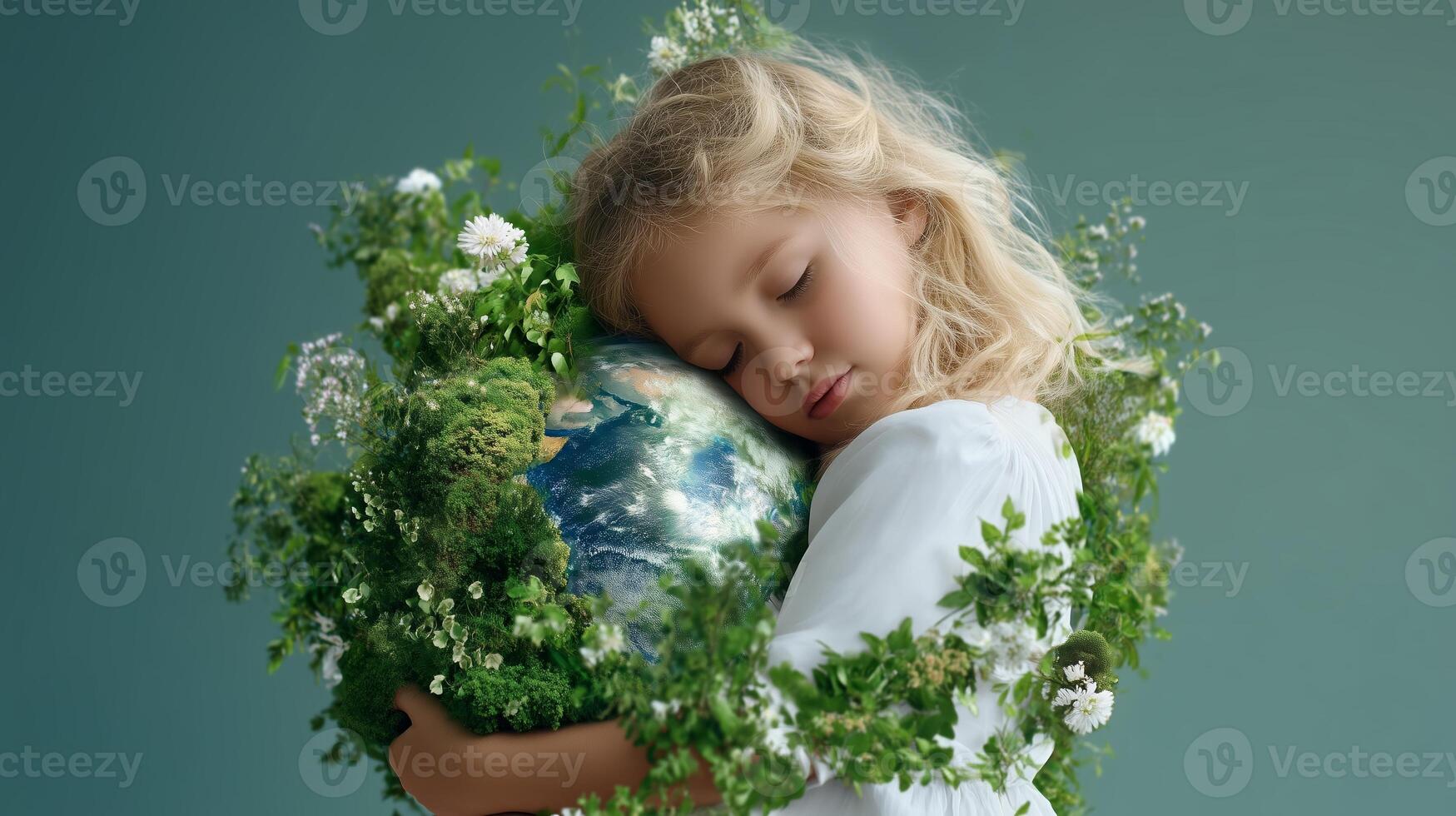 Child embraces a globe surrounded by greenery, symbolizing love for the Earth and nature photo