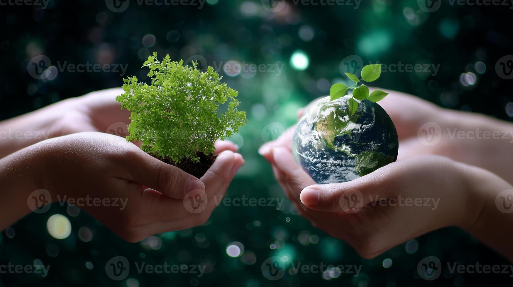 Hands holding a small plant and a globe representing care for the Earth and nature conservation photo