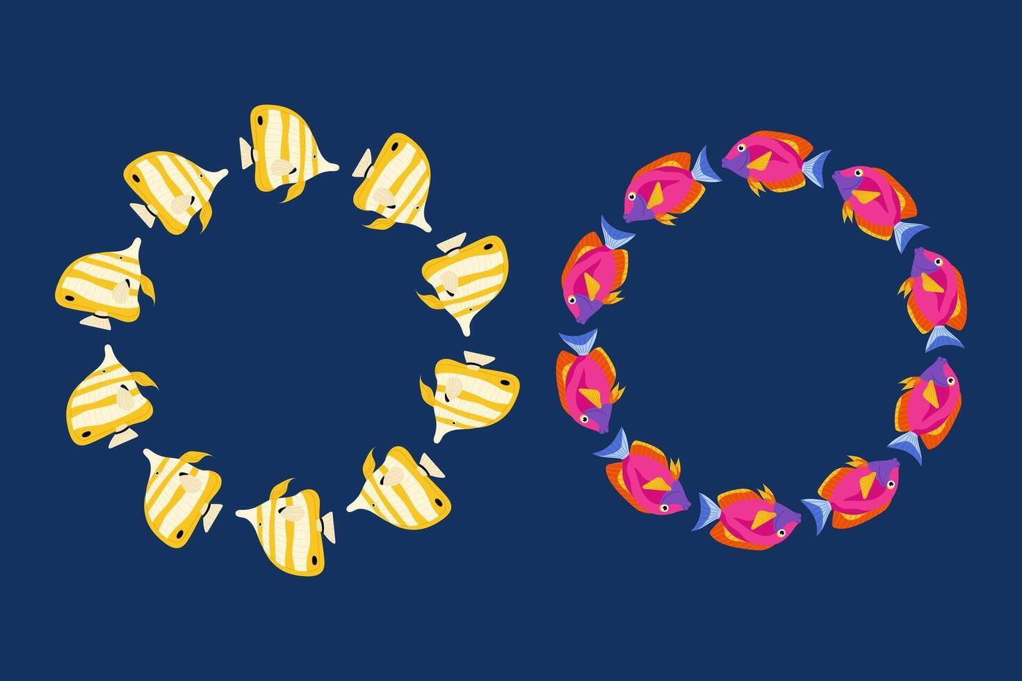 Space for text. Tropical fish frame on blue background. For kids projects, greeting cards and ocean-themed designs. vector