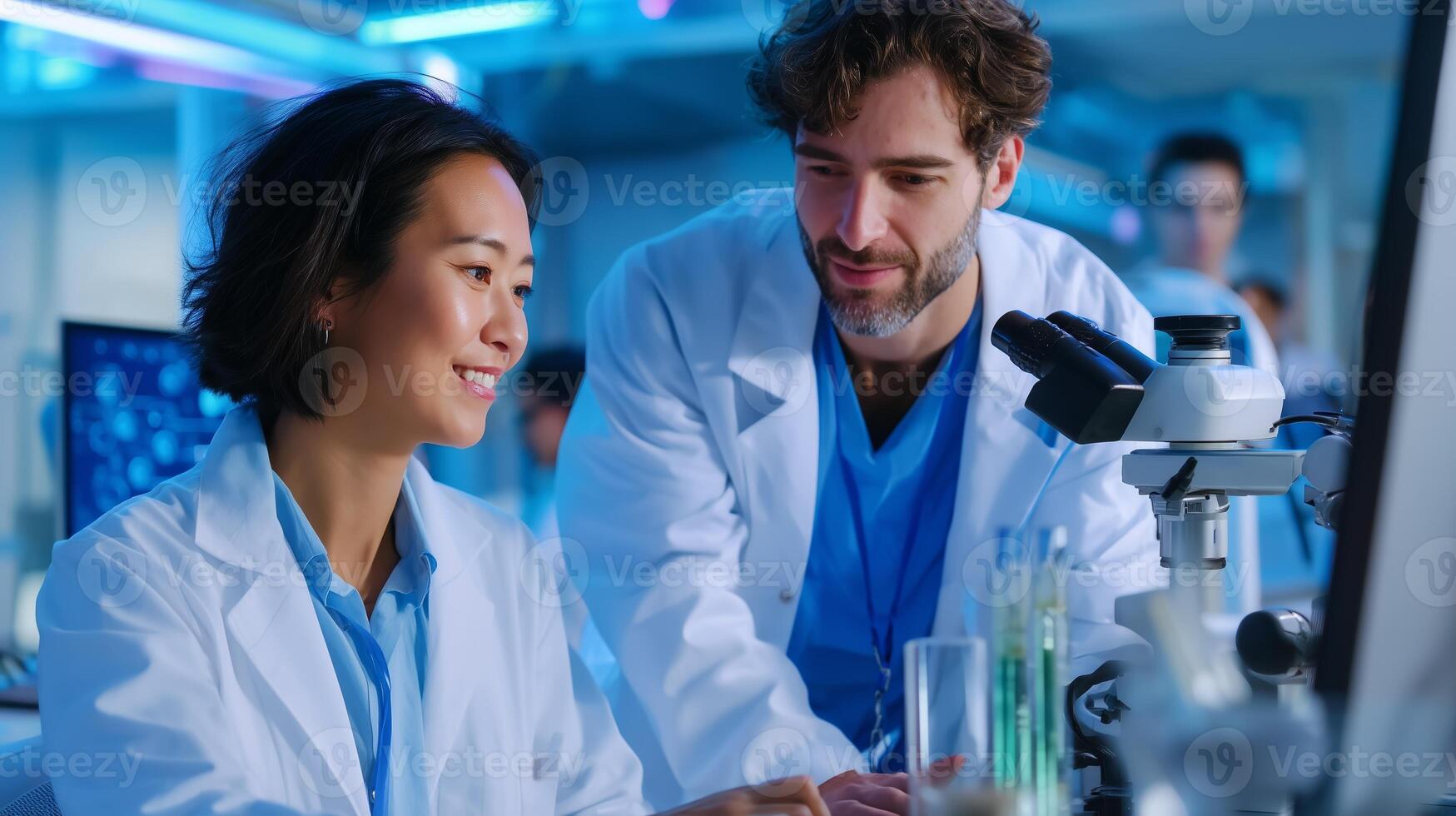 Medical researchers collaborate in a laboratory setting while analyzing samples under bright lights photo